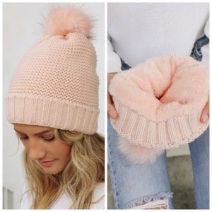 Blush knit faux fur pom beanie